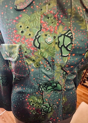 Yeşil desenli vintage 70sler Kadın Gömlek - Düğmeli, Uzun Kollu - Görsel 4