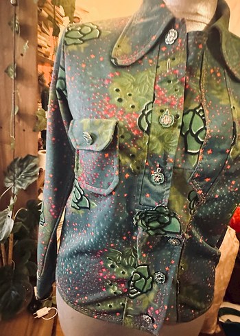 Yeşil desenli vintage 70sler Kadın Gömlek - Düğmeli, Uzun Kollu - Görsel 10