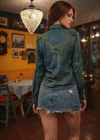 Yeşil desenli vintage 70sler Kadın Gömlek - Düğmeli, Uzun Kollu - Görsel 7