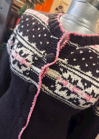 Nakışlı Örgü Kahverengi vintage Hirka - Görsel 5