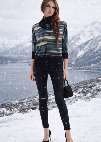 VINTAGE Renkli Desenli Yarım Balıkçı Yaka Kadın Kazak - Görsel 3