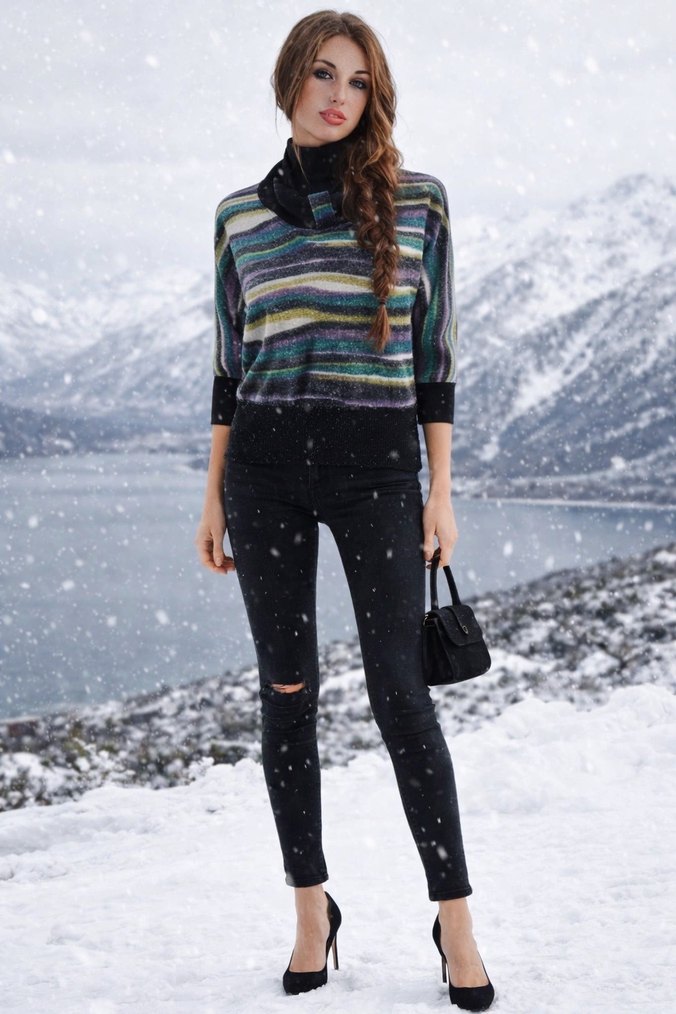 VINTAGE Renkli Desenli Yarım Balıkçı Yaka Kadın Kazak - Görsel 3