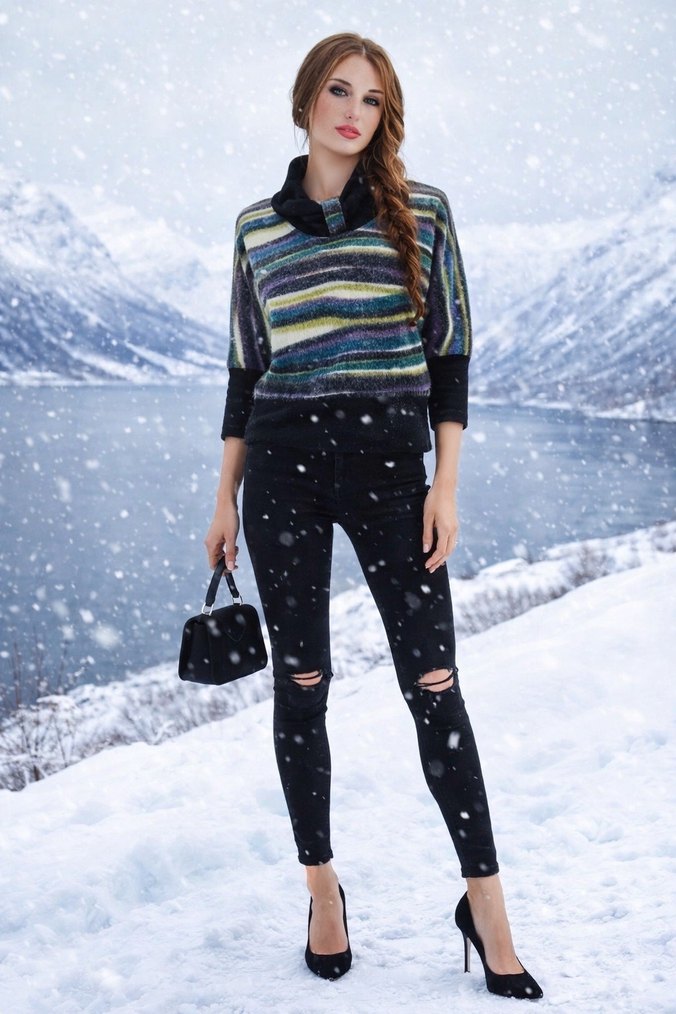 VINTAGE Renkli Desenli Yarım Balıkçı Yaka Kadın Kazak - Görsel 2