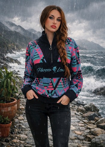 Renkli vintage Yüksek Yakalı Örgü Kadın Kazak - Görsel 2