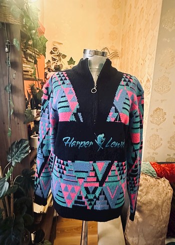 Renkli vintage Yüksek Yakalı Örgü Kadın Kazak - Görsel 3