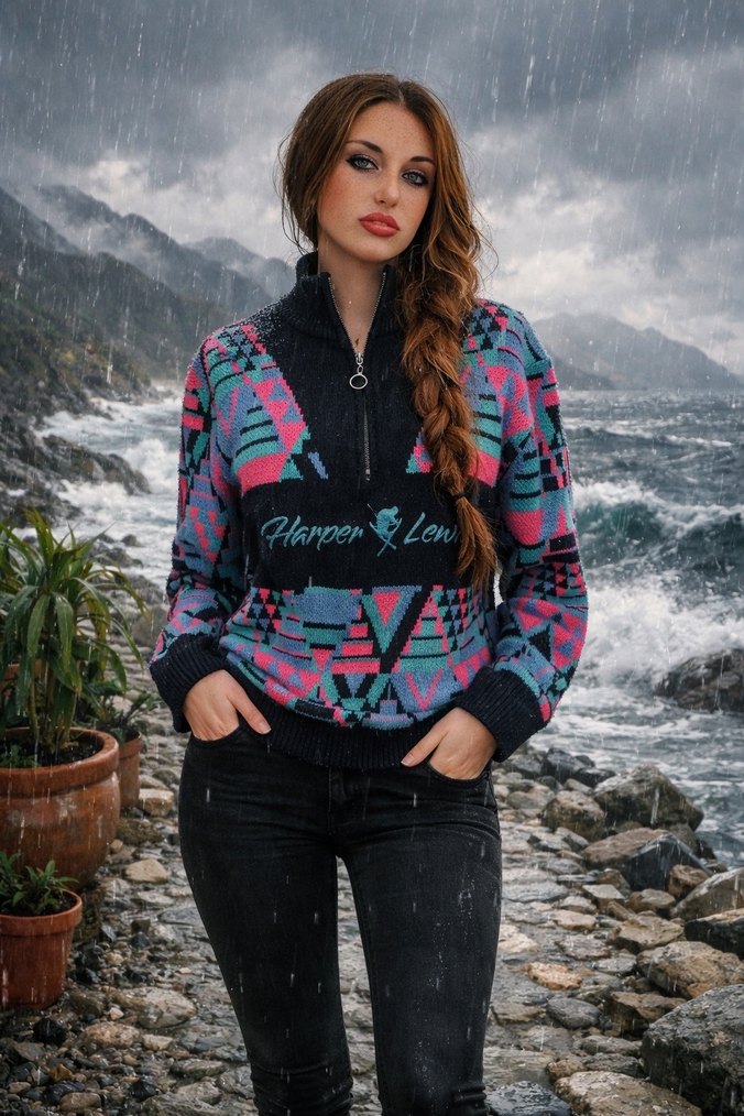 Renkli vintage Yüksek Yakalı Örgü Kadın Kazak - Görsel 2