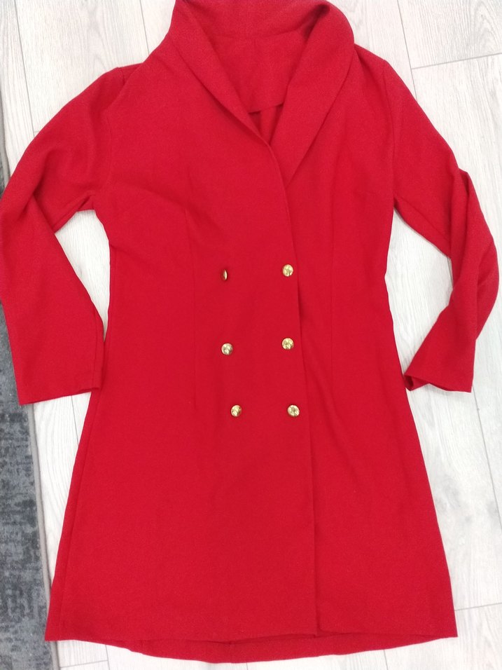 Düğmeli Kırmızı Uzun Kadın Kaban - Görsel 2