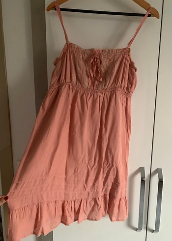 Pembe Bohem Midi Keten Elbise