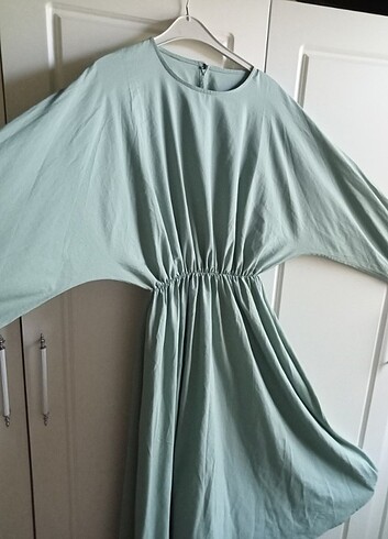 Defacto Mevlana Model Koton Kumaş Yarasa Kol su yeşili Tesettür Elbise