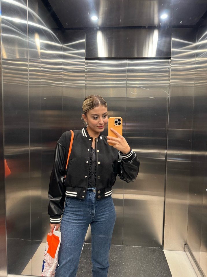 Siyah Deri Kadın Bomber Ceket - Görsel 3