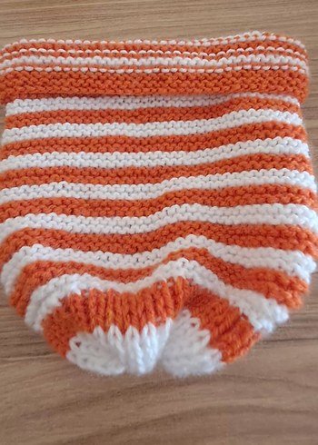 Turuncu Beyaz Çizgili Örgü Bere - Görsel 4