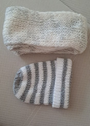 Beyaz Gri Örgü  Atkı ve Bere Seti - Görsel 2