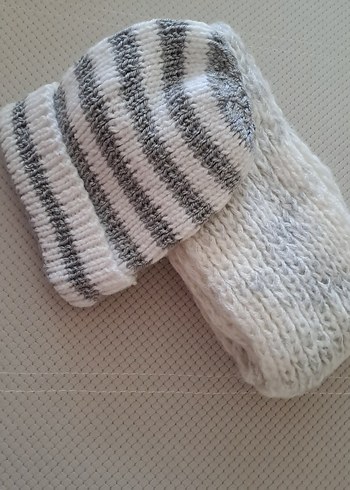 Beyaz Gri Örgü  Atkı ve Bere Seti - Görsel 6