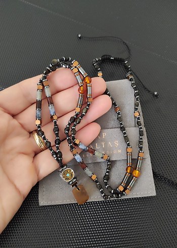 Fosilli Kehribar -Karışık Doğaltaş kolye - Görsel 4