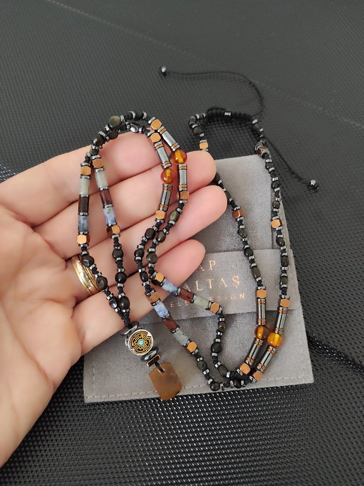 Fosilli Kehribar -Karışık Doğaltaş kolye - Görsel 4