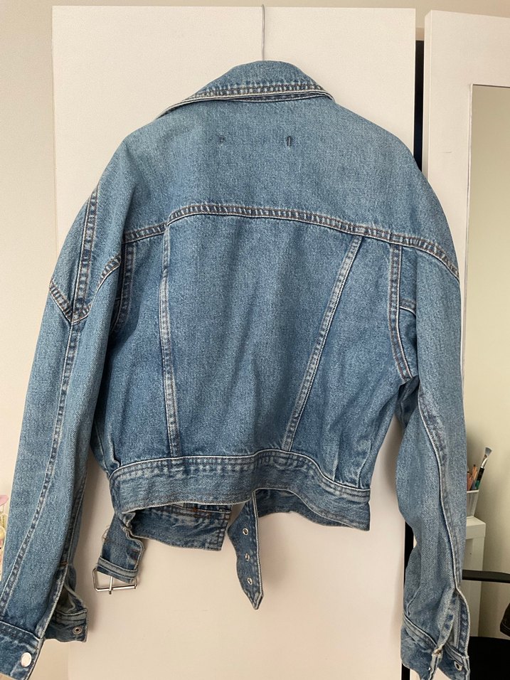 Kadın Mavi Kot Ceket, Kemer Detaylı, Rahat Kesim - Görsel 3