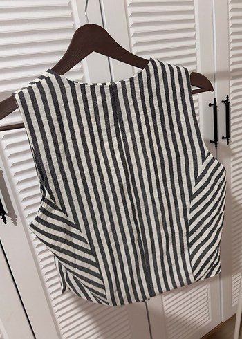 Düğmeli Çizgili Keten Kadın Yelek - Görsel 4