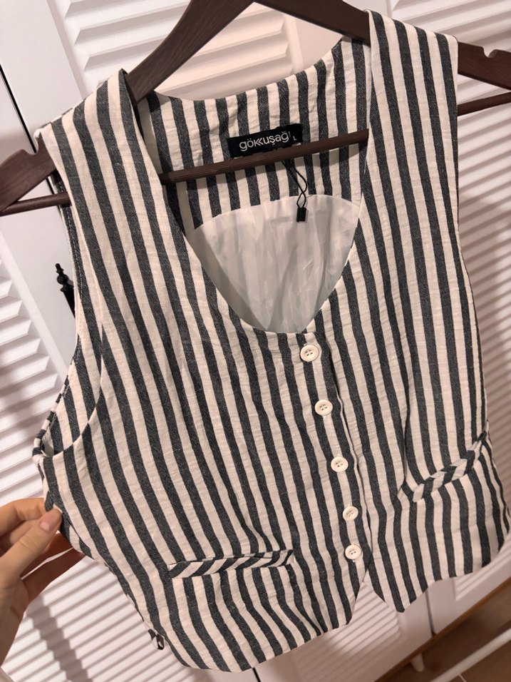 Düğmeli Çizgili Keten Kadın Yelek - Görsel 2