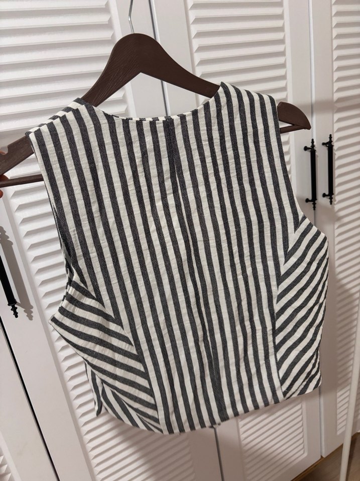 Düğmeli Çizgili Keten Kadın Yelek - Görsel 4