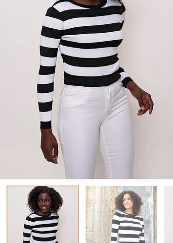 Çizgili Beyaz Siyah Kadın Triko - Görsel 2