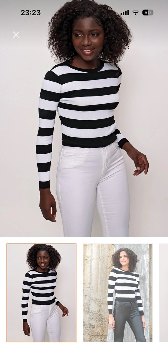 Çizgili Beyaz Siyah Kadın Triko - Görsel 2