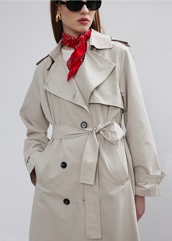 Gri Midi Trençkot, Kemerli, Regular Fit - Görsel 4