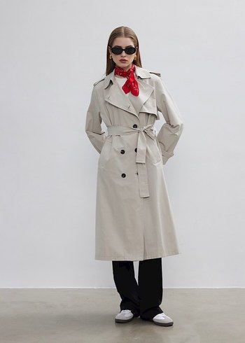 Gri Midi Trençkot, Kemerli, Regular Fit - Görsel 3