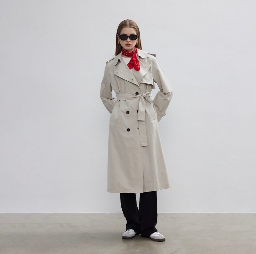 Gri Midi Trençkot, Kemerli, Regular Fit - Görsel 3