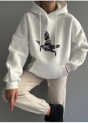 Beyaz Baskılı Oversize Sweatshirt - Görsel 2