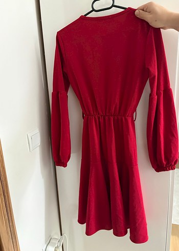 Parlak Kırmızı Uzun Kollu Midi Kadın Elbise - Görsel 3