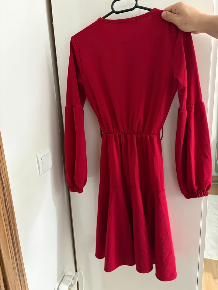 Parlak Kırmızı Uzun Kollu Midi Kadın Elbise - Görsel 3