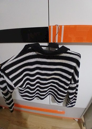 Çizgili Örgü Gri Kadın Kazak - Görsel 3