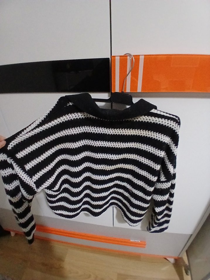 Çizgili Örgü Gri Kadın Kazak - Görsel 3