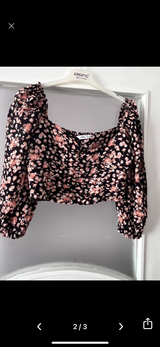 Zara Mini V Yaka Pembe Çiçekli Bluz - Görsel 2