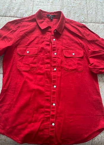 Kırmızı Düğmeli Keten Kadın Gömlek - Görsel 4