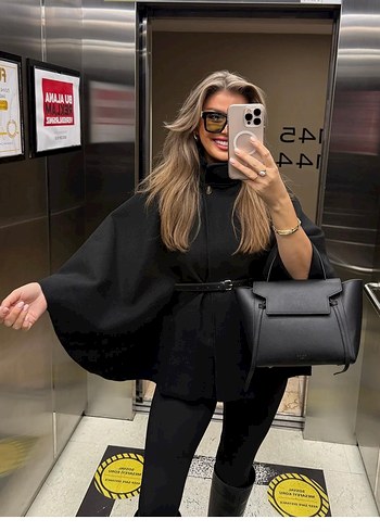 Siyah Deri Kemerli Mini Kadın Panço - Görsel 2