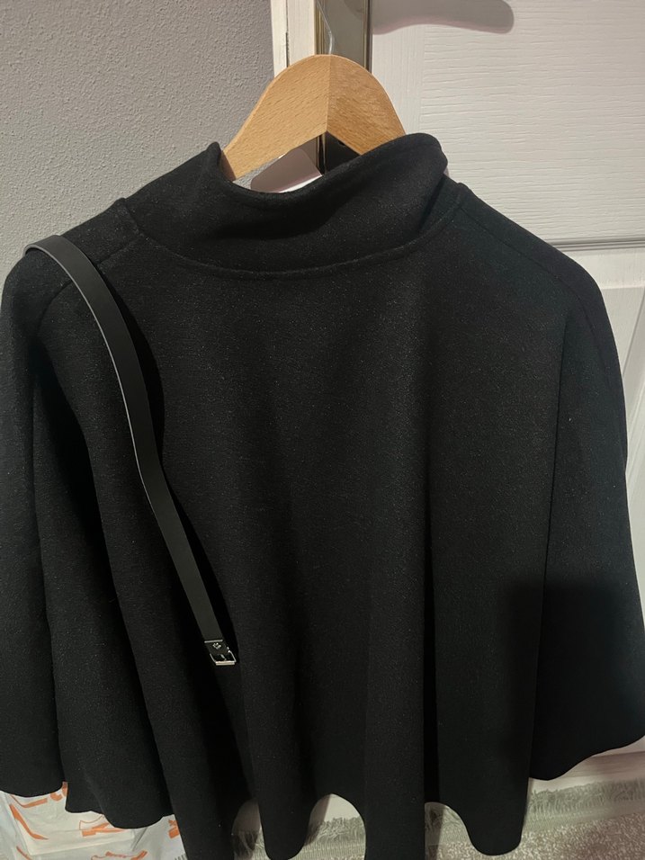 Siyah Deri Kemerli Mini Kadın Panço - Görsel 3