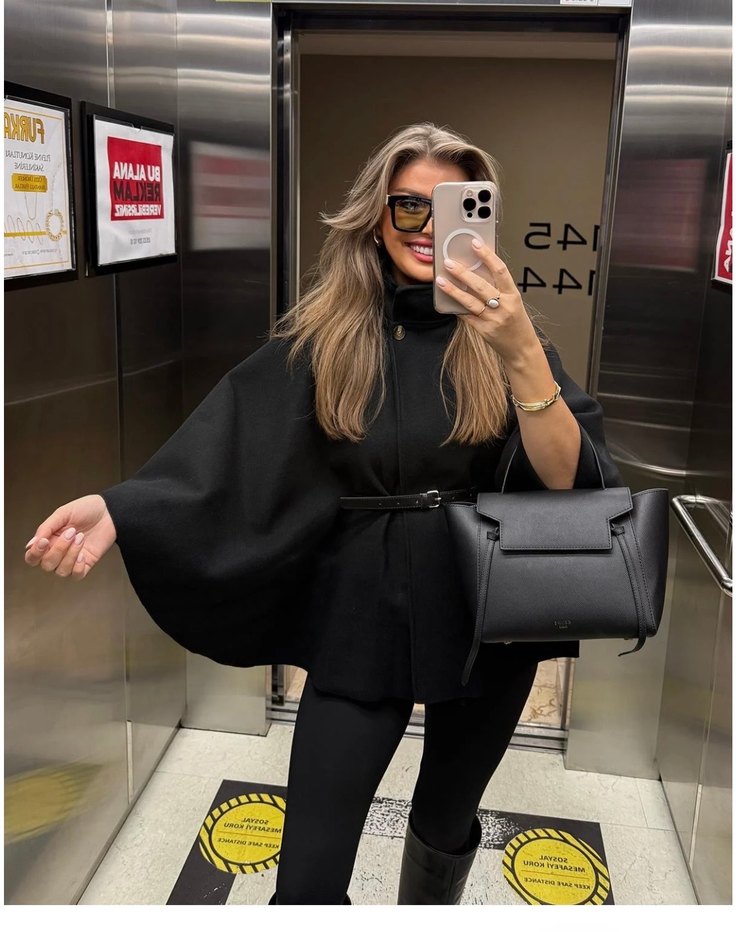 Siyah Deri Kemerli Mini Kadın Panço - Görsel 2