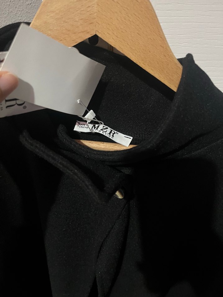 Siyah Deri Kemerli Mini Kadın Panço - Görsel 4