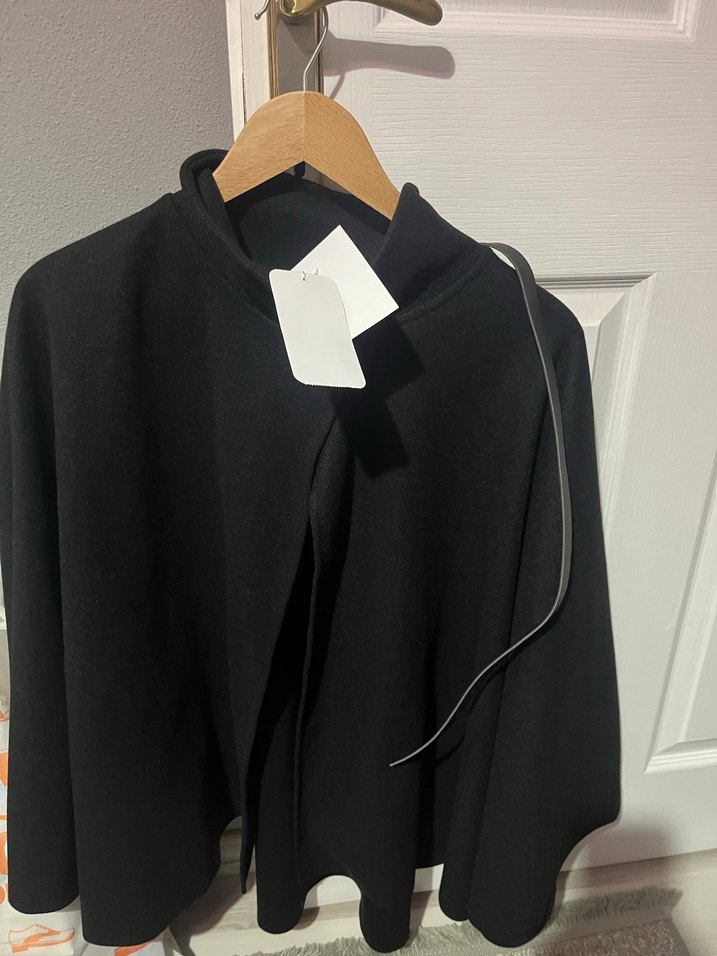 Siyah Deri Kemerli Mini Kadın Panço - Görsel 5