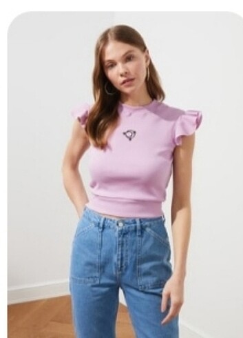 Lila ay yıldız baskılı crop tshirt 