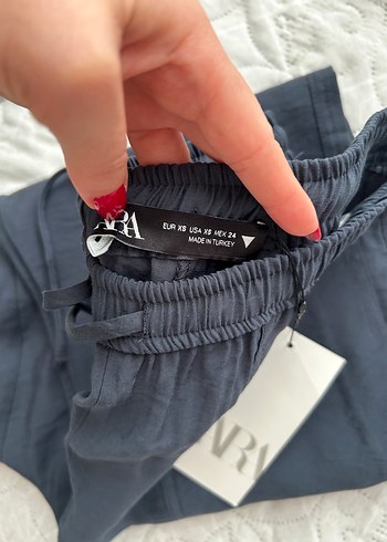 Zara Zara Mavi Keten Rahat Kesim Kadın Pantolon