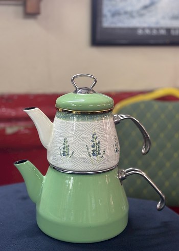 Pastel Yeşil Desenli Emaye Çaydanlık
