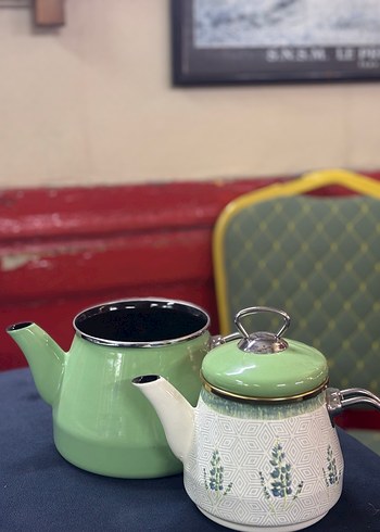  Beden Pastel Yeşil Desenli Emaye Çaydanlık