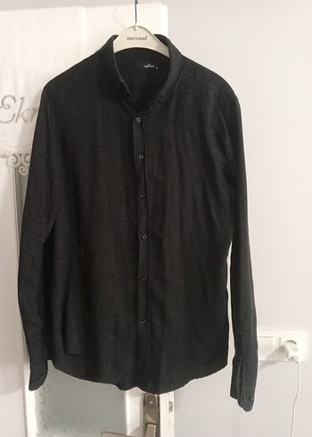 Erkek Siyah Keten Uzun Kollu Gömlek - Görsel 2