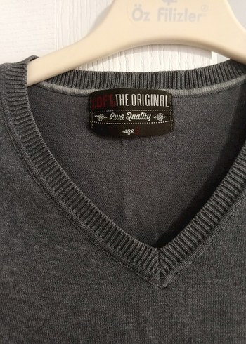 Gri V Yaka Örgü Yün Erkek Kazak - Görsel 2