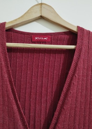 Bordo Uzun Düğmeli Kadın Hırka - Görsel 2