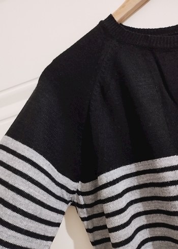 Gri Çizgili Uzun Kollu Triko Elbise - Görsel 2