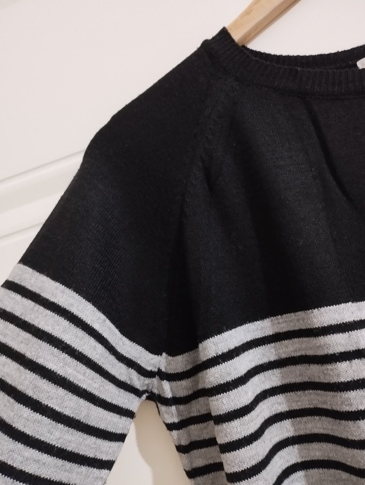 Gri Çizgili Uzun Kollu Triko Elbise - Görsel 2