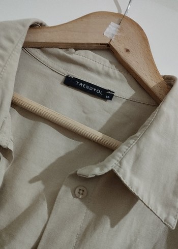 Bej Keten Mini Gömlek, Düğmeli, Salaş - Görsel 2